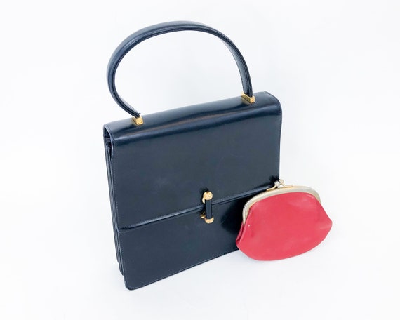 1980s Navy Leather Handbag | 80s Navy & Red Leathe