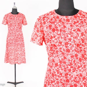 1960s Red Floral Day Dress 60s Red & White Flower Dress Medium image 1
