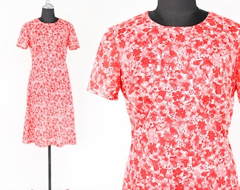 1960s Red Floral Day Dress | 60s Red & White Flower Dress | Medium