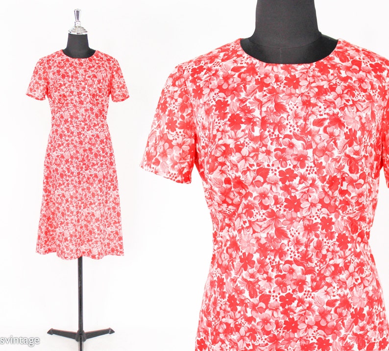 1960s Red Floral Day Dress 60s Red & White Flower Dress Medium image 1