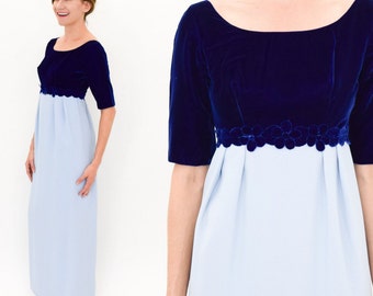 Vestido de noche de terciopelo y crepé de los años 60 / Vestido formal azul vintage, talla pequeña