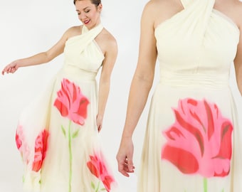 1950s Creme Silk Flower Print Evening Dress | 50s Ivory & Pink Floral Halter Evening Dress | Fred Perlberg Original | Small