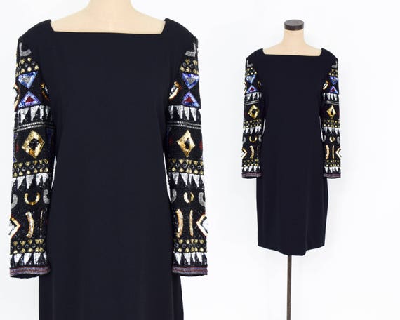 1980s Black Crepe Sequin Dress | 80s Black Bead &