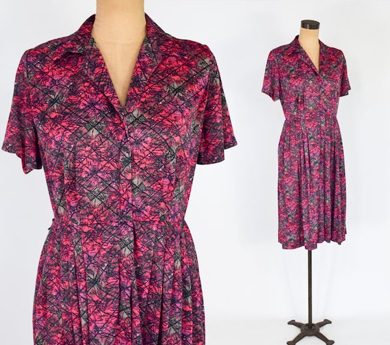 1950s Pink Atomic Print Dress | 50s Pink & Gray N… - image 2