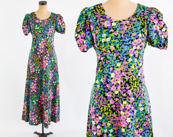 Vestido largo vintage de los años 70 con estampado floral / Vestido largo de mezcla de algodón, talla M