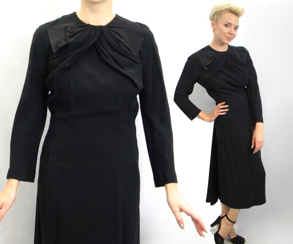 1940s Black Crepe Dress | 40s Black Crepe & Satin