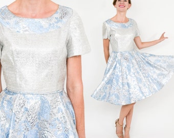 1960s Blue & Silver Party Dress | 60s Metallic Blue Floral Brocade Dress | Extra Small