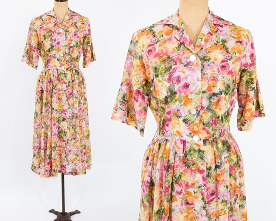 1950s Orange Sheer Cotton Floral Dress | 50s Orang