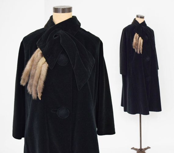 1950s Black Velvet Coat | 50s Black Cotton Velvet