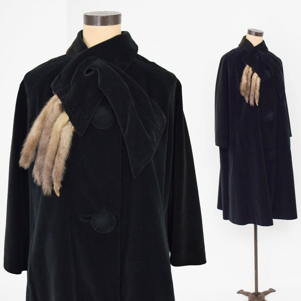 1950s Black Velvet Coat | 50s Black Cotton Velvet Coat | Large