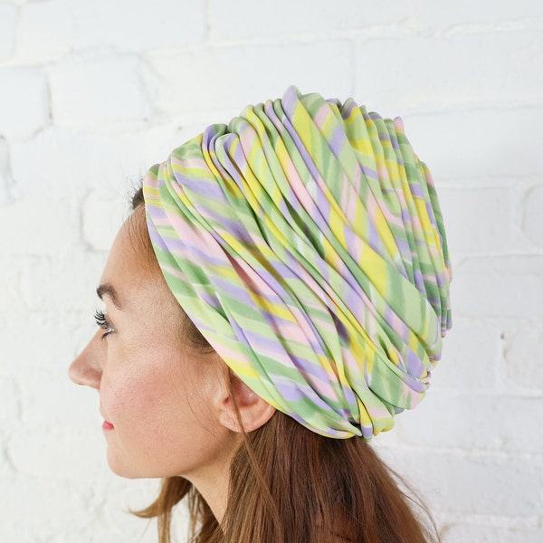 1960s Pastel Green Turban Hat | 60s Green Striped Hat | Jackie O | Amrose NY