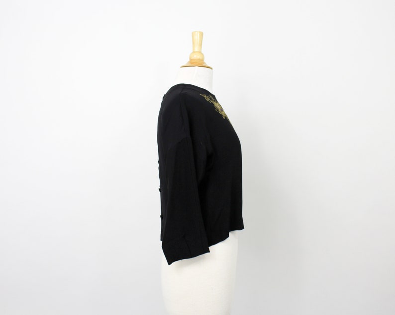 Elaine Blouse 40s Black Crepe Blouse Medium Soutache /& Rhinestone Blouse