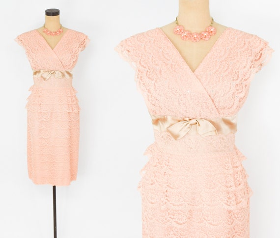 1950s Peach Lace Cocktail Dress | 50s Peach Layer… - image 1
