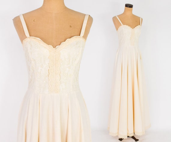1970s Creme Cotton Maxi Dress | 70s Creme Maxi Pea