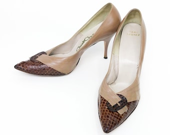 1960s Brown Leather Pumps | 60s Brown & Beige Heels | Faux Alligator Beige Heels | QualiCraft | US 7.5 EU 38 UK 5.5