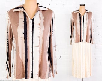 Vera | 1970s Tan & White Striped Blouse | 70s Mod Stripe Polyester Shirt | Vera | Large