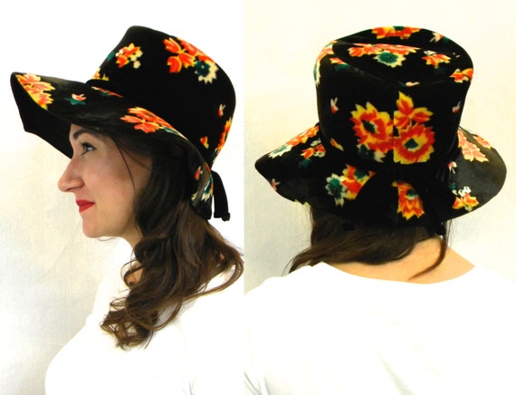 1970s Black Flower Floppy Hat | 70s Black & Orange