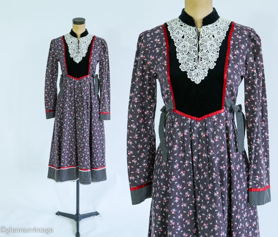 1970s Gunne Sax Black Peasant Dress | Vintage Black Floral Cotton Midi, Small