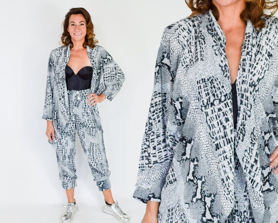 1980s Snake Print Pant Suit | 80s Gray Reptile Pan