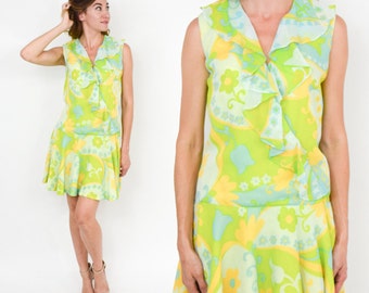1960s Lime Green Mini Dress | 60s Green Sleeveless Mini Dress | Young Edwardian | Small
