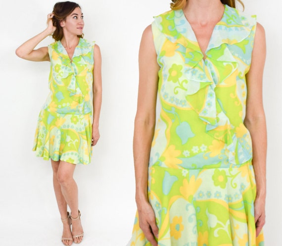 1960s Lime Green Mini Dress | 60s Green Sleeveles… - image 1