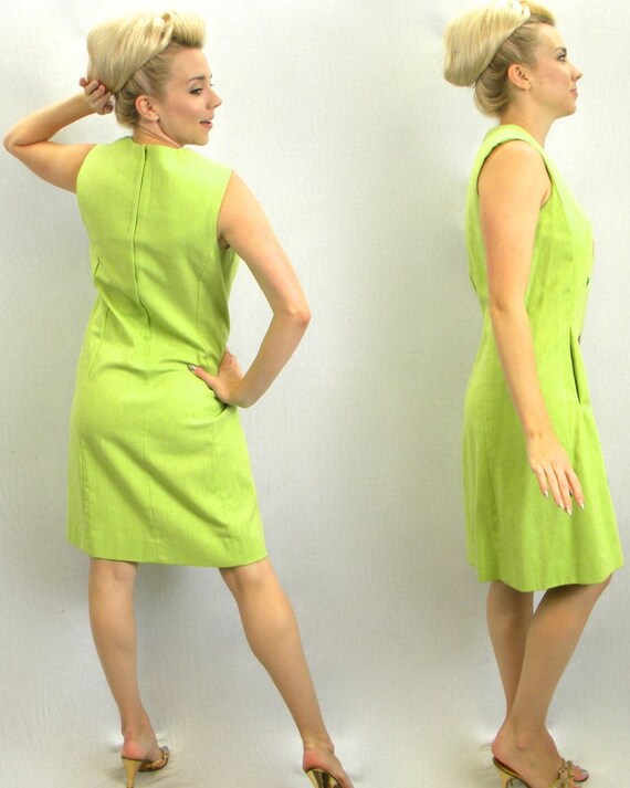 1960s Lime Green Cotton Dress | 60s Green Fish Em… - image 2