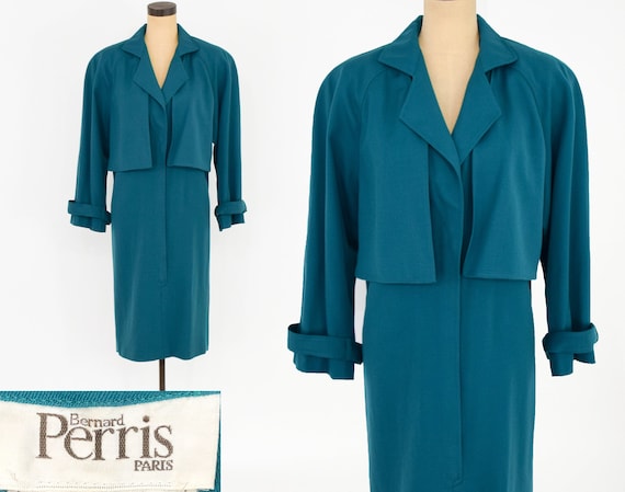 1980s Blue Wool Gabardine Dress | 80s Aqua Wool Ga