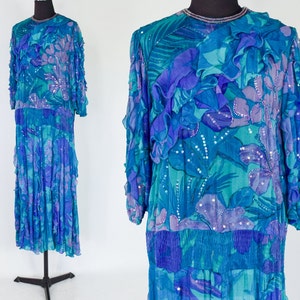 1980s Blue Silk Chiffon Ruffled Party Dress 80s Blue Beaded Chiffon Dress Judith Ann Creations Medium image 2