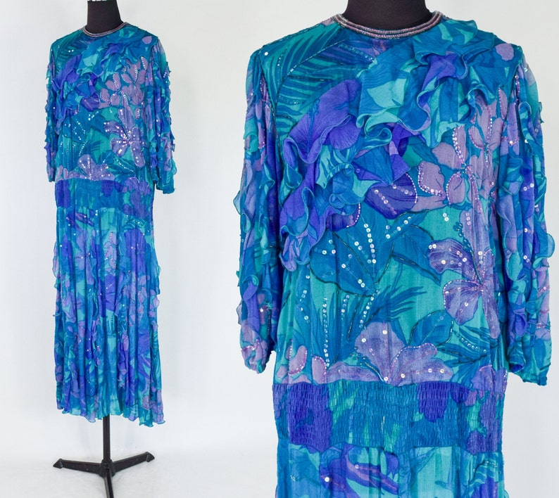 1980s Blue Silk Chiffon Ruffled Party Dress 80s Blue Beaded Chiffon Dress Judith Ann Creations Medium image 2