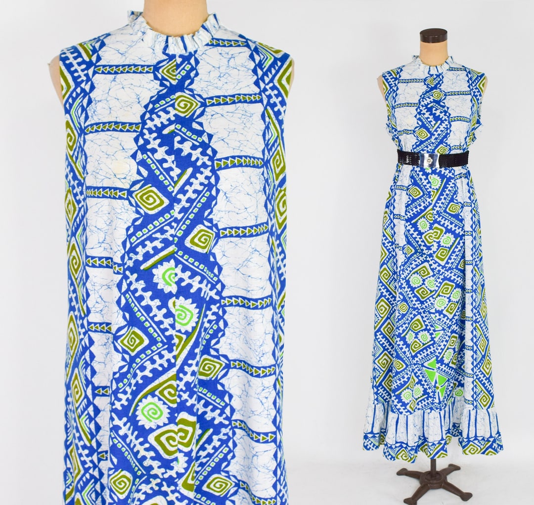 1970s Blue & White Tiki Print Dress | 70s Blue Print Tiki Maxi Dress ...