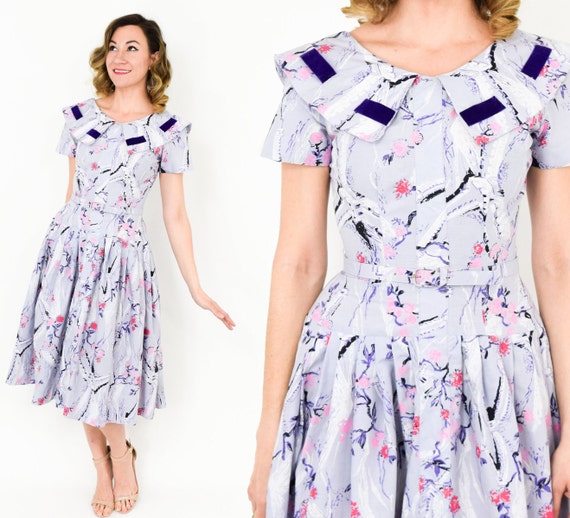 1950s Lavender Cotton Print Dress | 50s Purple No… - image 2