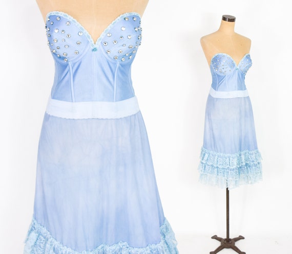 1980s Blue Studded Bustier & Slip Set | 80s Blue T