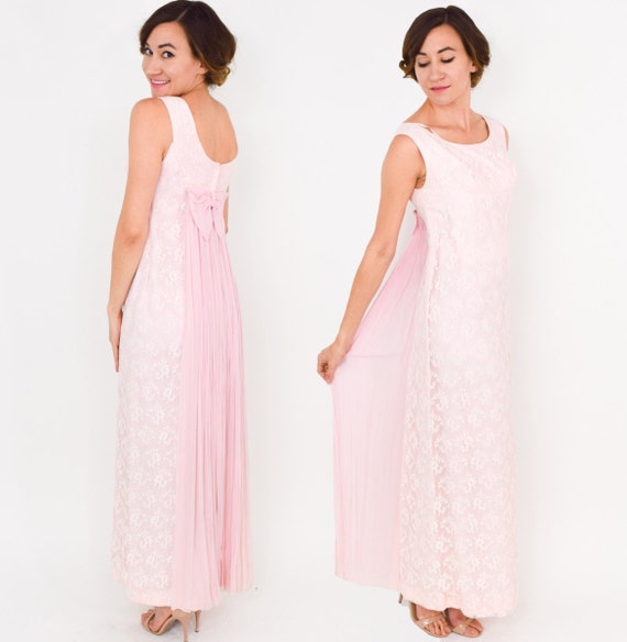 1960s Pink Lace Long Evening Dress | 60s Pink Chi… - image 2