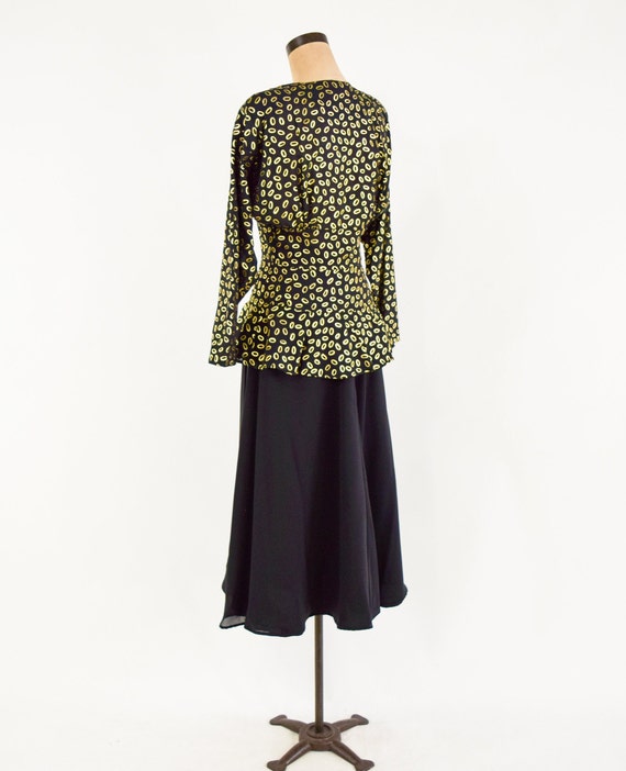 1980s Black & Gold Skirt Set | 80s Black Print Sk… - image 5
