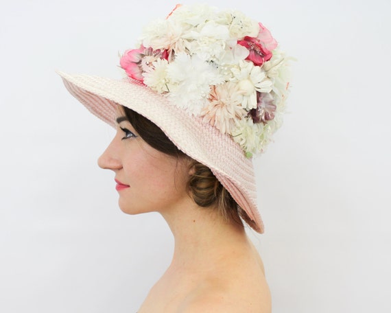 1960s Pink Flower Straw Hat | 60s Wide Brim Pink F