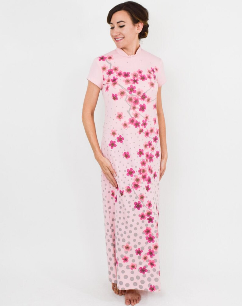 1970s Pink Flowered Maxi Dress 1970s Pink Floral Polka Dot Print Maxi Dress Alfred Shaheen Medium image 4