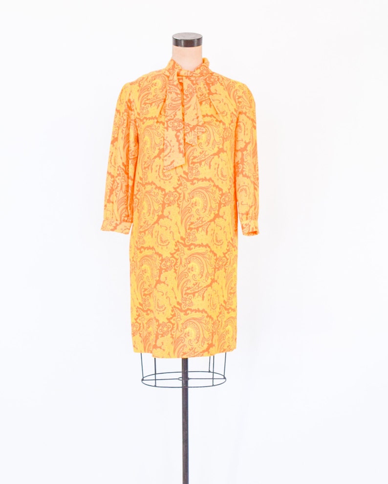 1960s Orange Yellow Print Dress 60s Yellow & Orange Nylon Print Shift Twiggy Medium image 7