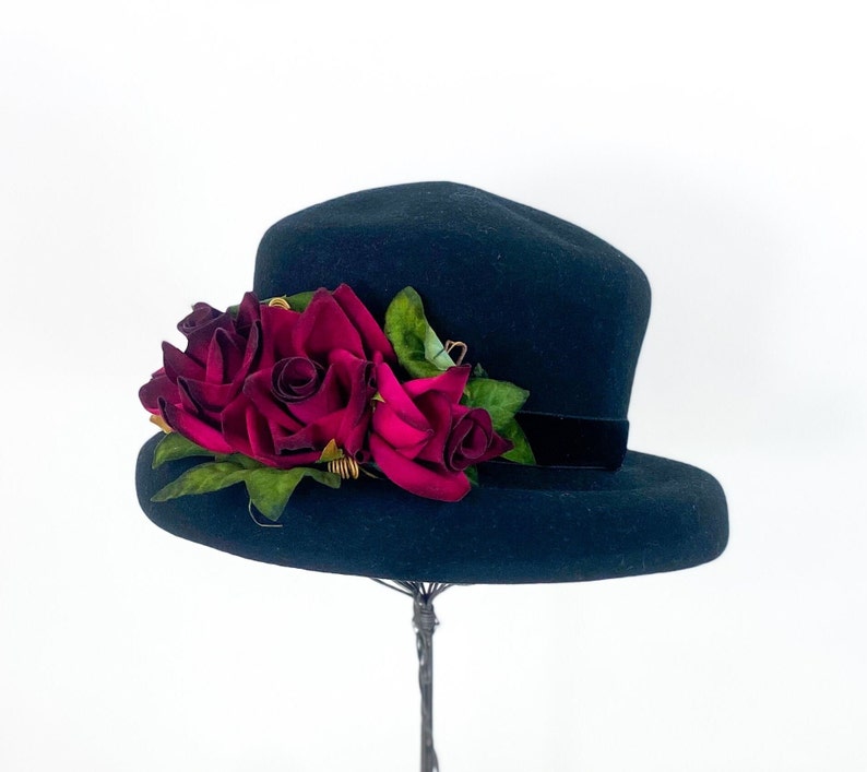 1990s Black Wool Hat 90s Black & Red Flower Hat STUDIO KOKKIN N.Y. image 7