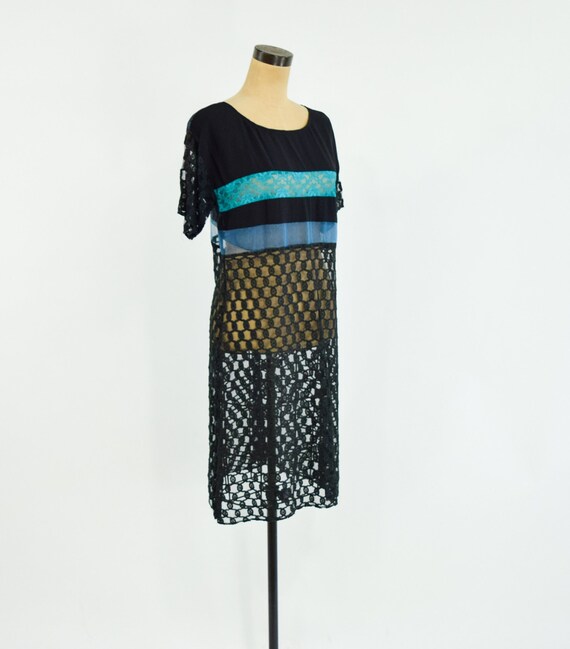 1990s Black & Blue Lace Dress | 90s Black Striped… - image 3