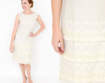 1950s Creme Cotton Fringe Sheath | 50s White Sleeveless Embrodiery Dress | Charlotte of California | Medium