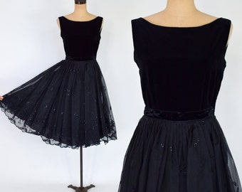 1950s Black Glitter Evening Skirt Set | 50s Black Organza Full Skirt & Velvet Top | Small