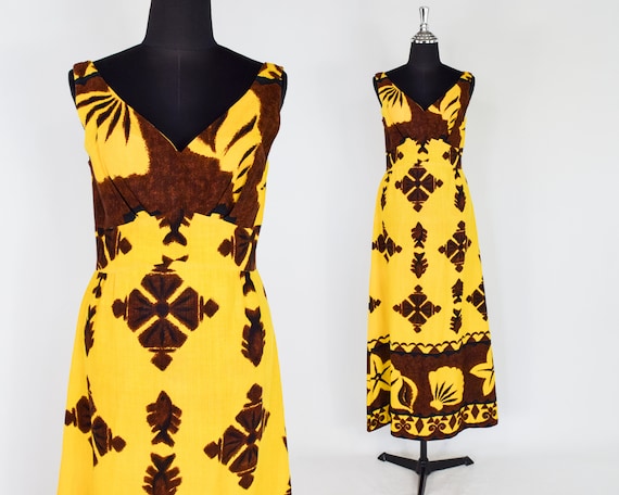 1960s Yellow Tiki Maxi Dress | 60s Yellow & Brown