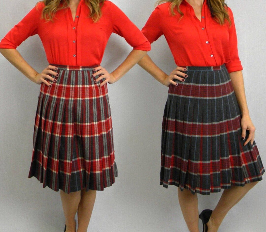 60s Vintage Red Green Plaid Pleated Skirt By Pendleton Turnabout Rever