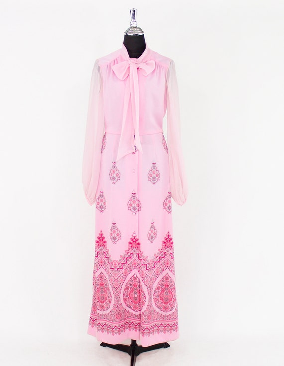 1970s Pink Border Print Maxi Dress | Pink Maxi Dr… - image 3