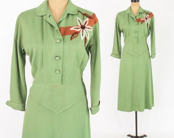 1940s Green Cotton Dress | 40s Green Embroidered Dress | Old Hollywood | Small