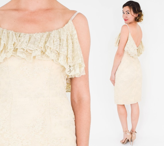 1950s Creme Floral Lace Ruffle Dress | 50s Beige … - image 1