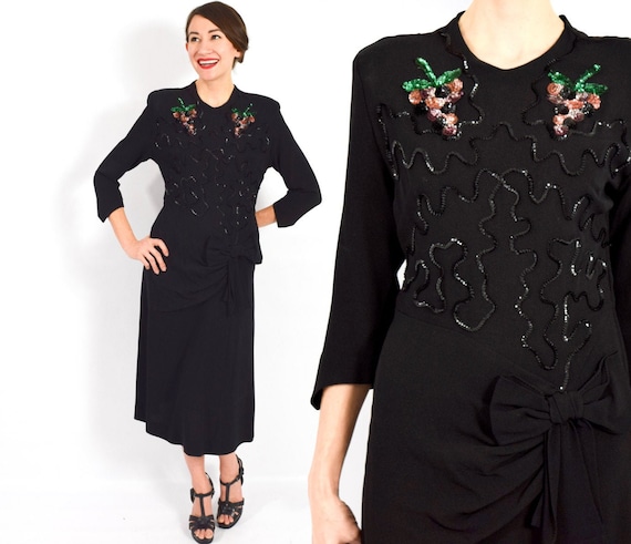 1940s Black Crepe Dress | 40s Black Sequin Crepe D