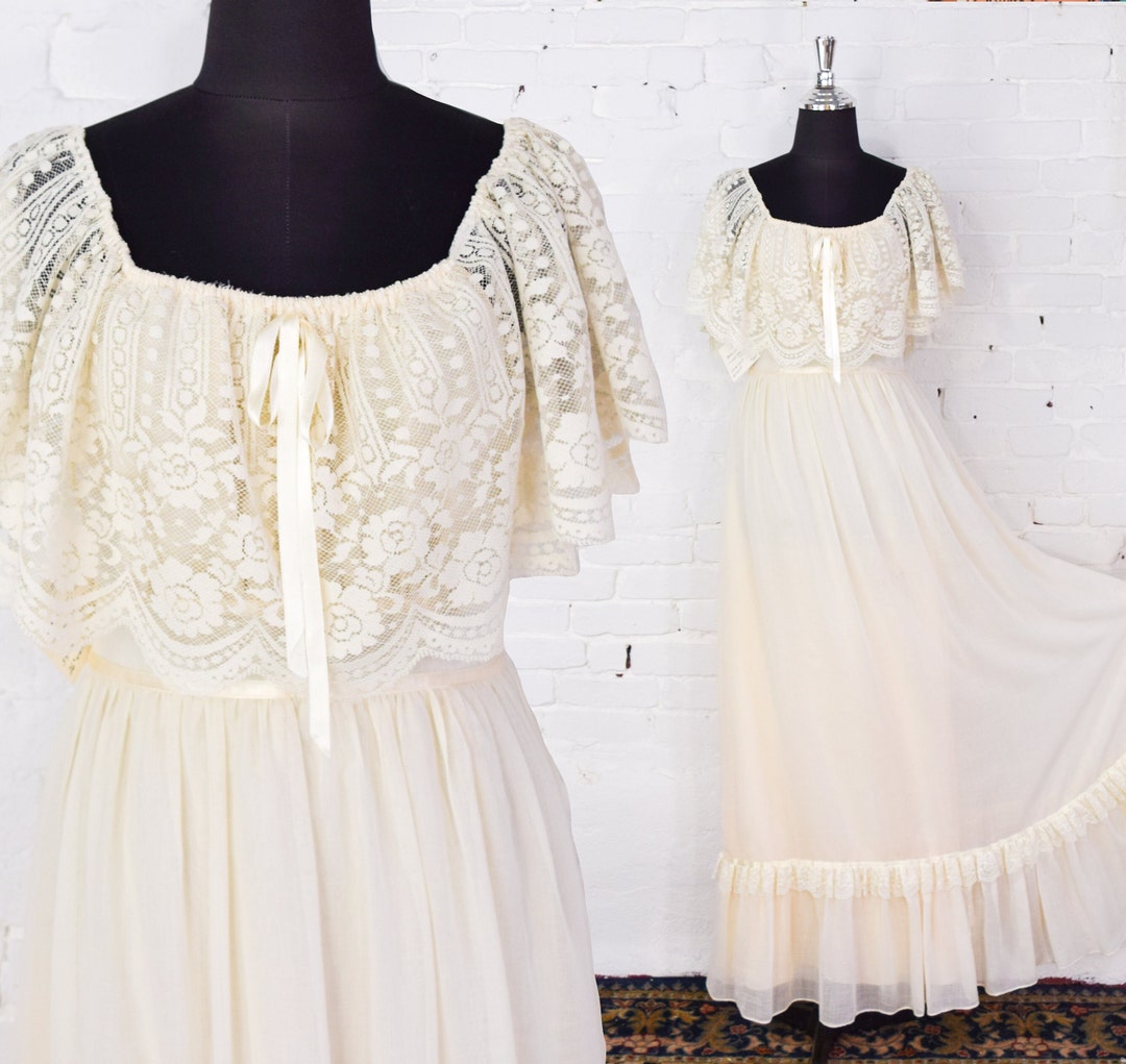 1970s Creme Lace Maxi Dress 70s Beige Bohemian Maxi Dress Boho Maxi ...