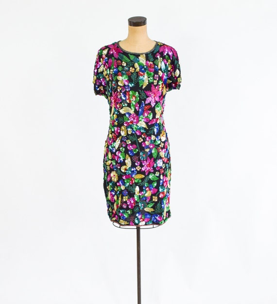 1980s Colorful Sequin Party Dress | 80s Sequin Be… - image 5