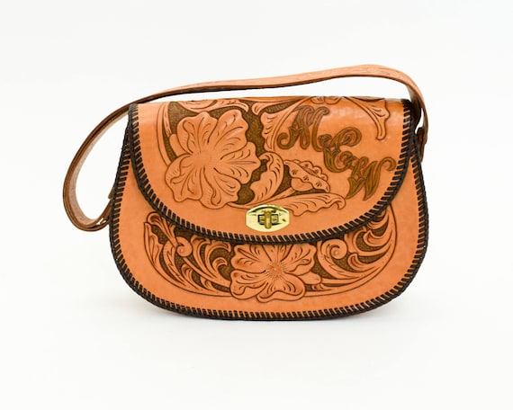 1950s Tooled Leather Handbag | 50s Brown & Tan Too